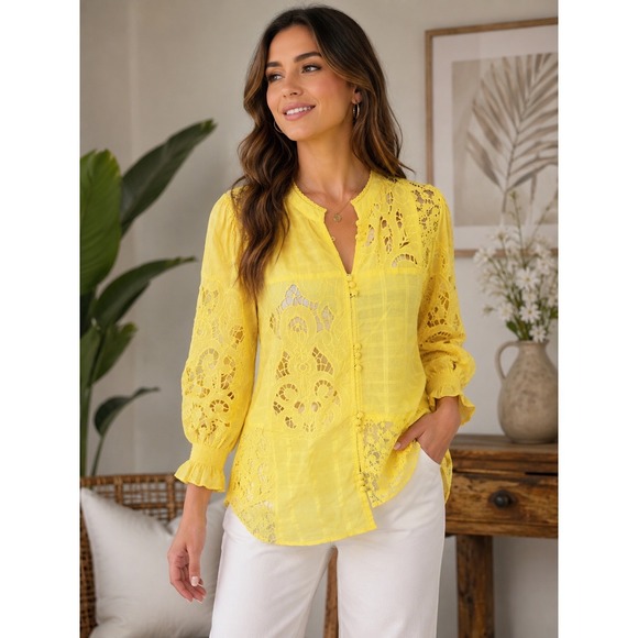 Sundance Tops - Sundance Yellow Lace Blouse and Matching Shell Camisole Set XXL Boho Eyelet Top